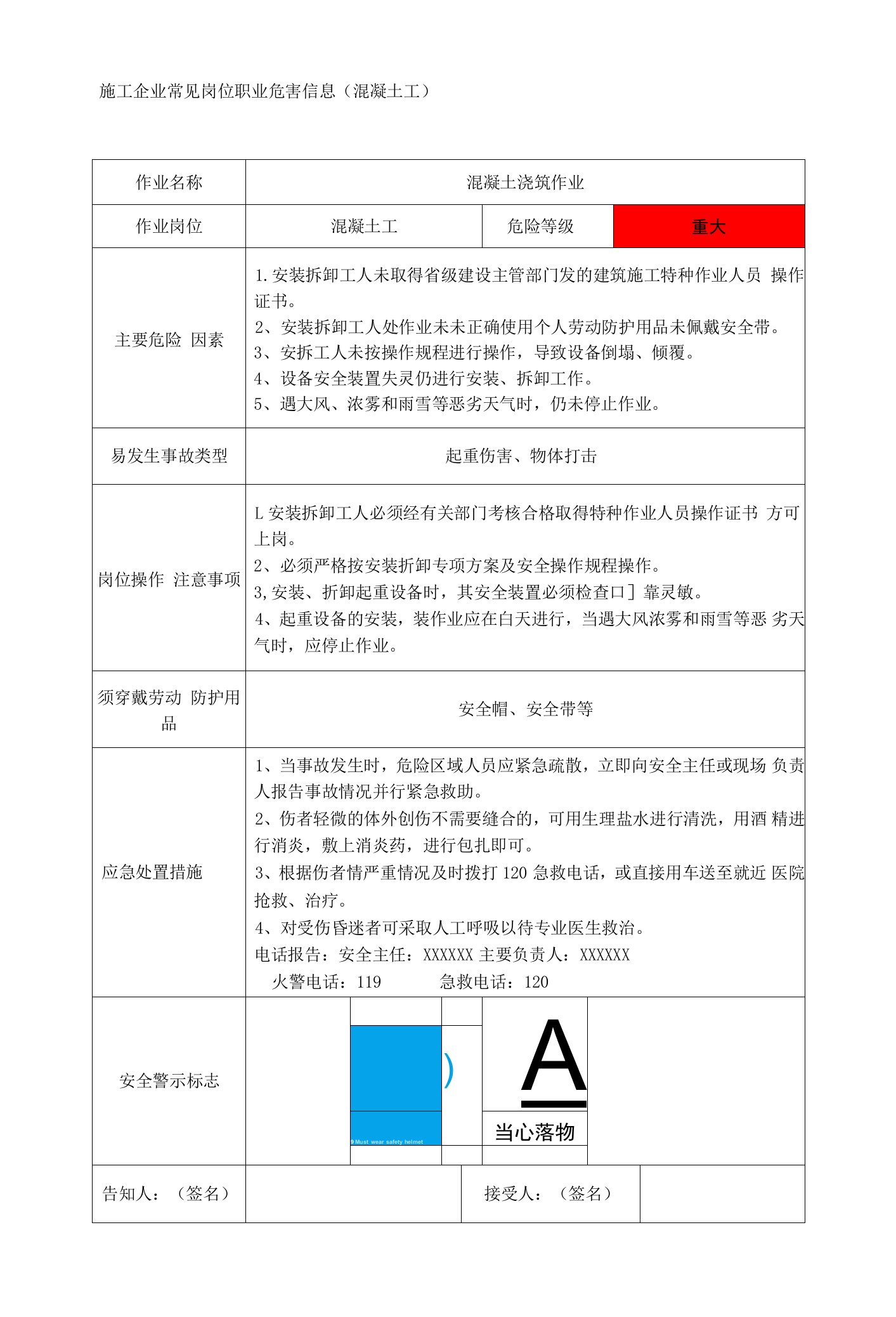 施工企业常见岗位职业危害信息(混凝土工)