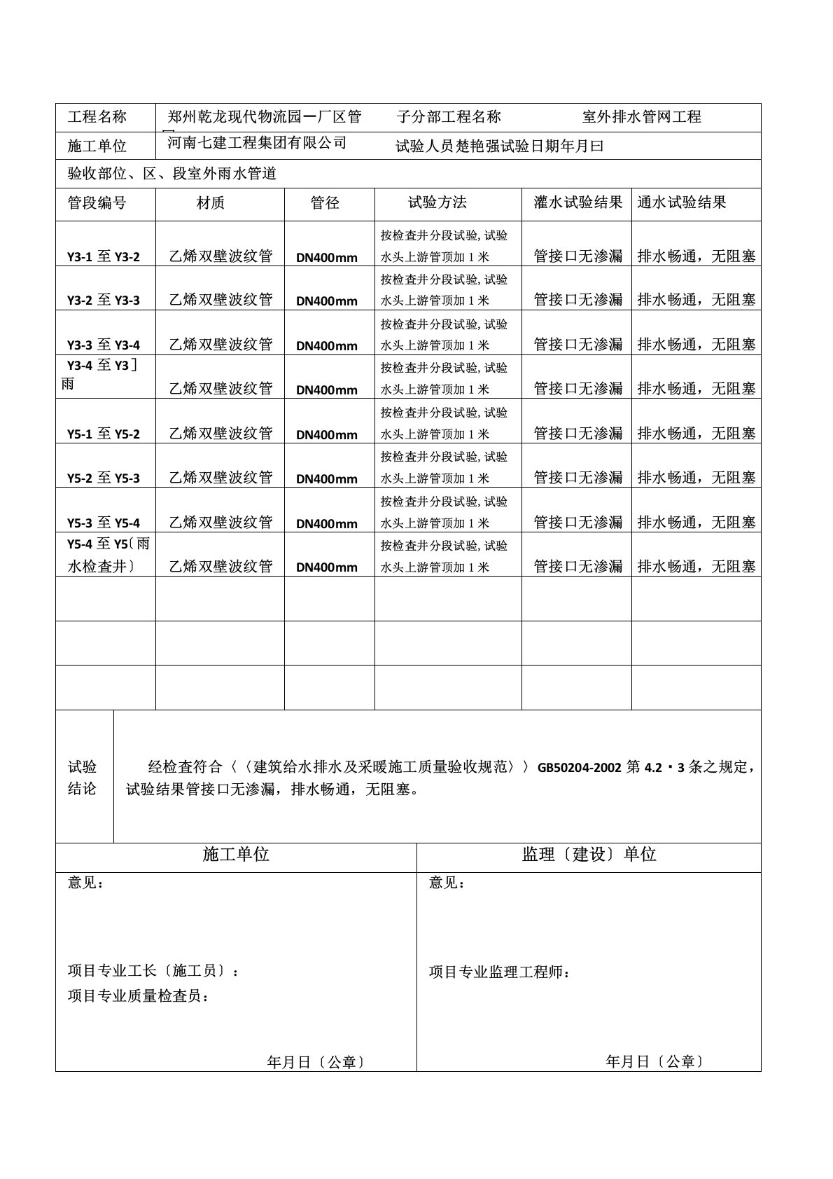 室外排水管道灌水试验及通水试验记录-室外雨水管道