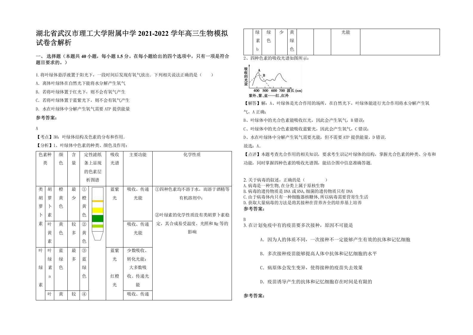 湖北省武汉市理工大学附属中学2021-2022学年高三生物模拟试卷含解析