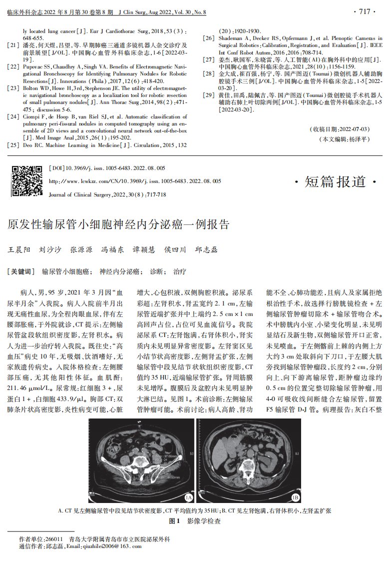 原发性输尿管小细胞神经内分泌癌一例报告