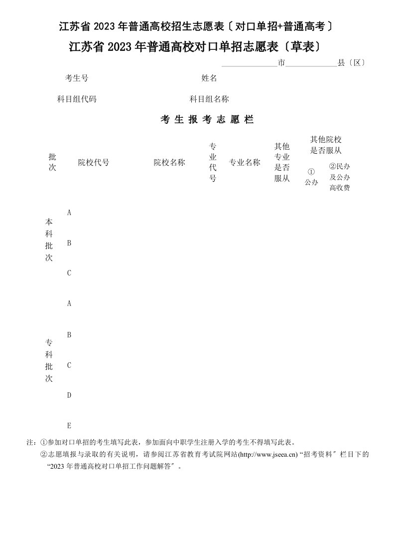 精选江苏省2023年普通高校招生志愿表