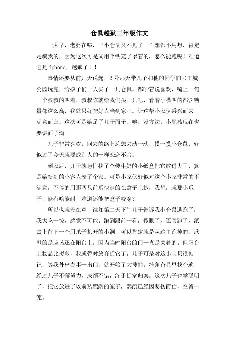 仓鼠越狱三年级作文