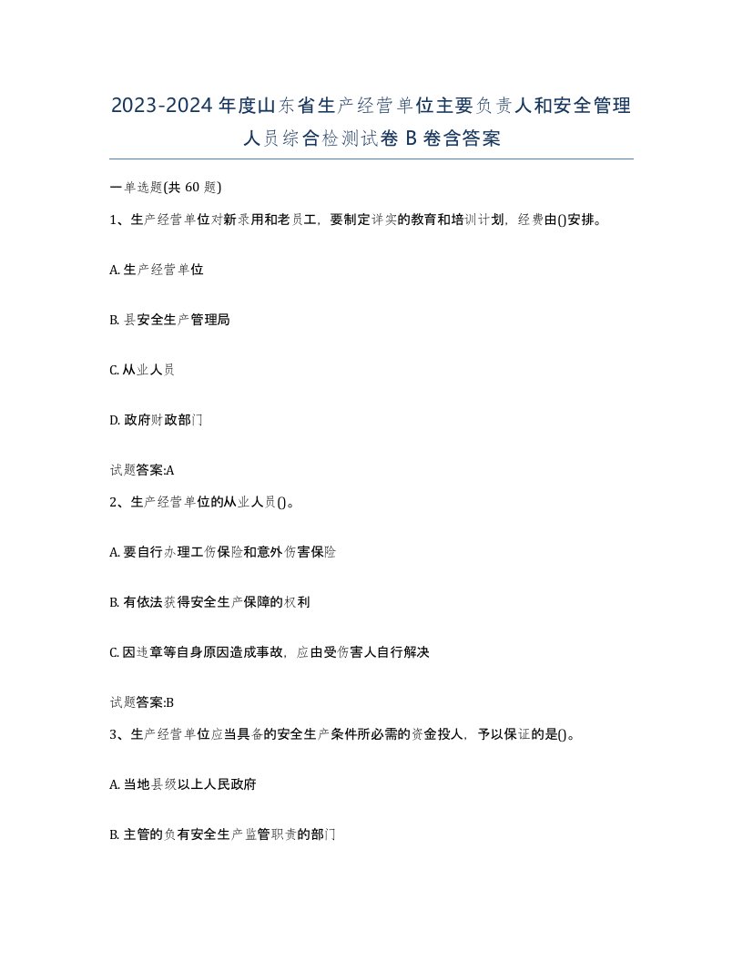 20232024年度山东省生产经营单位主要负责人和安全管理人员综合检测试卷B卷含答案