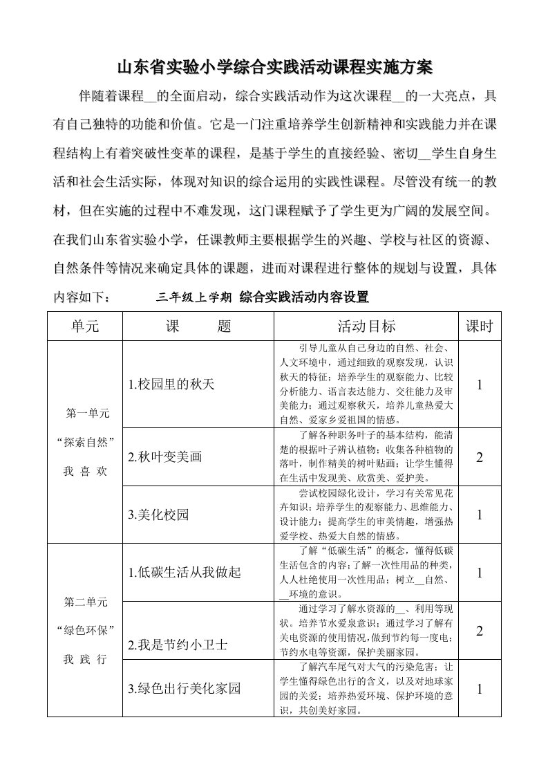 山东省实验小学综合实践活动课程实施方案