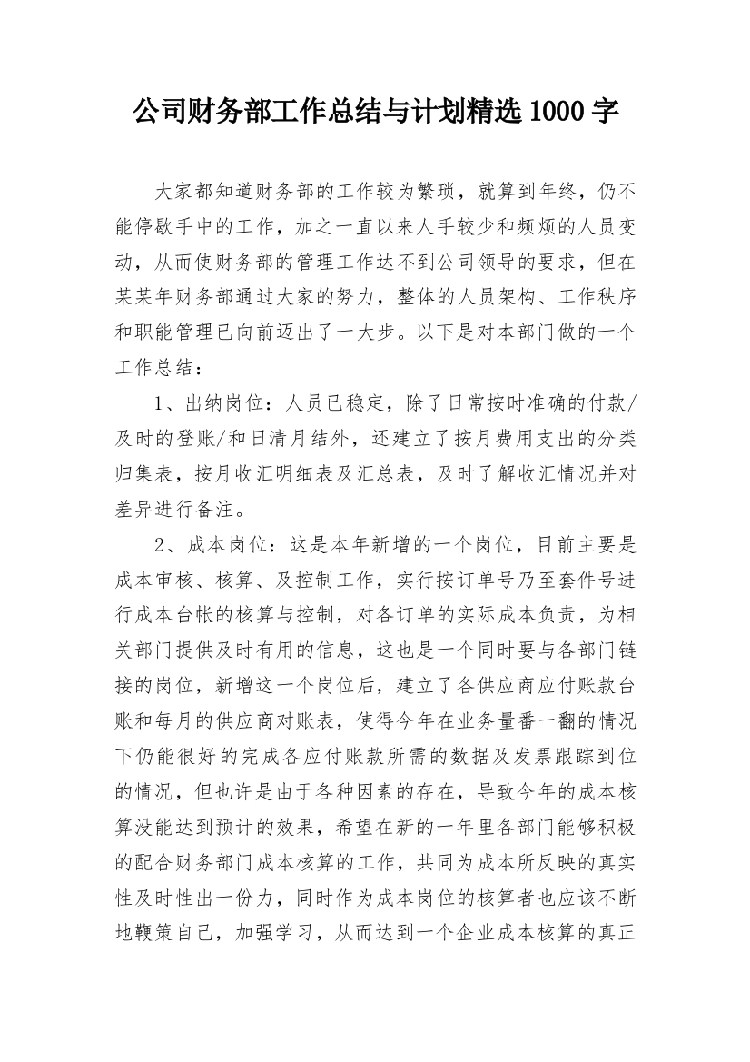 公司财务部工作总结与计划精选1000字