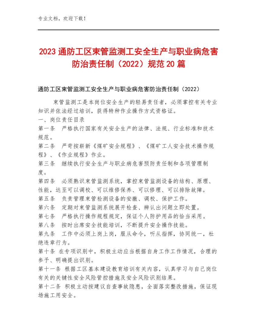 2023通防工区束管监测工安全生产与职业病危害防治责任制（2022）规范20篇