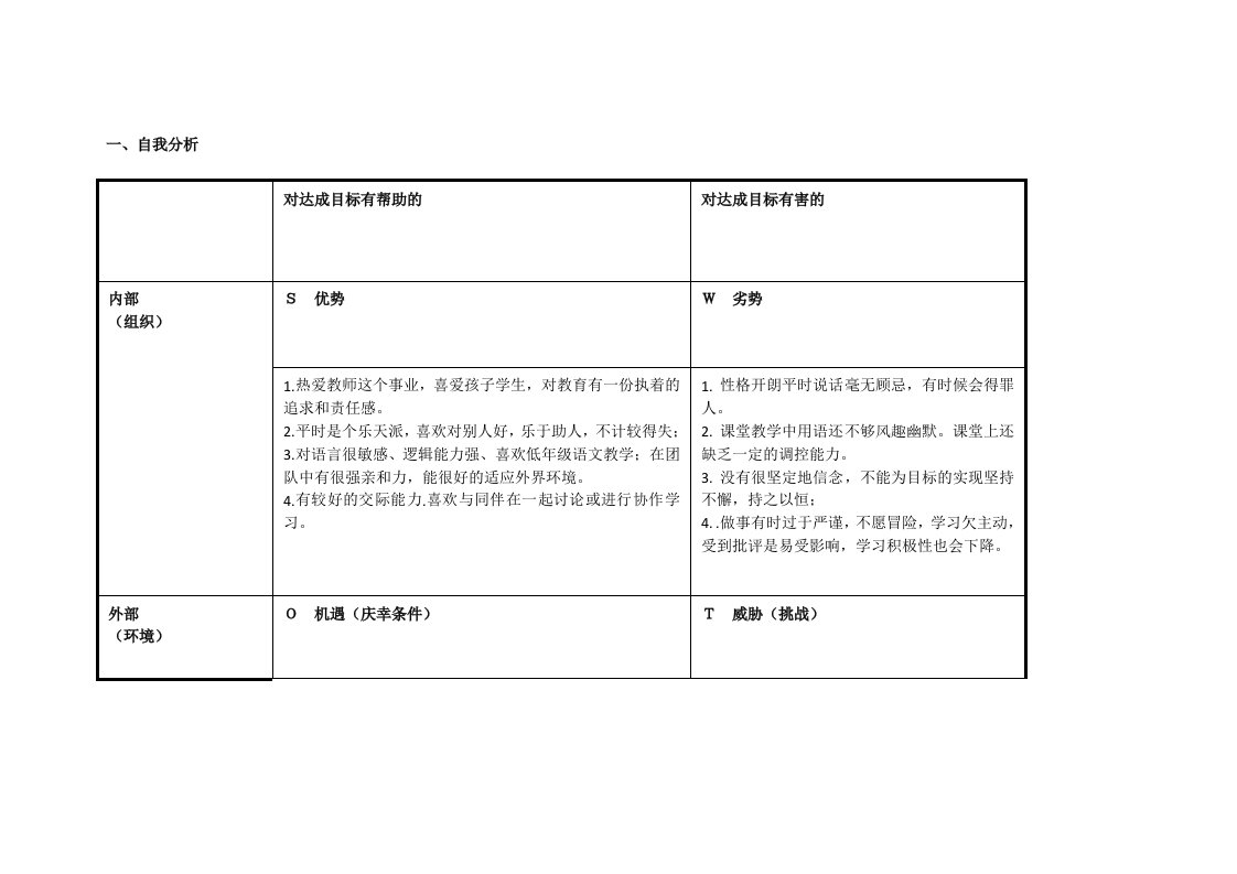 教师个人自我诊断SWOT分析表