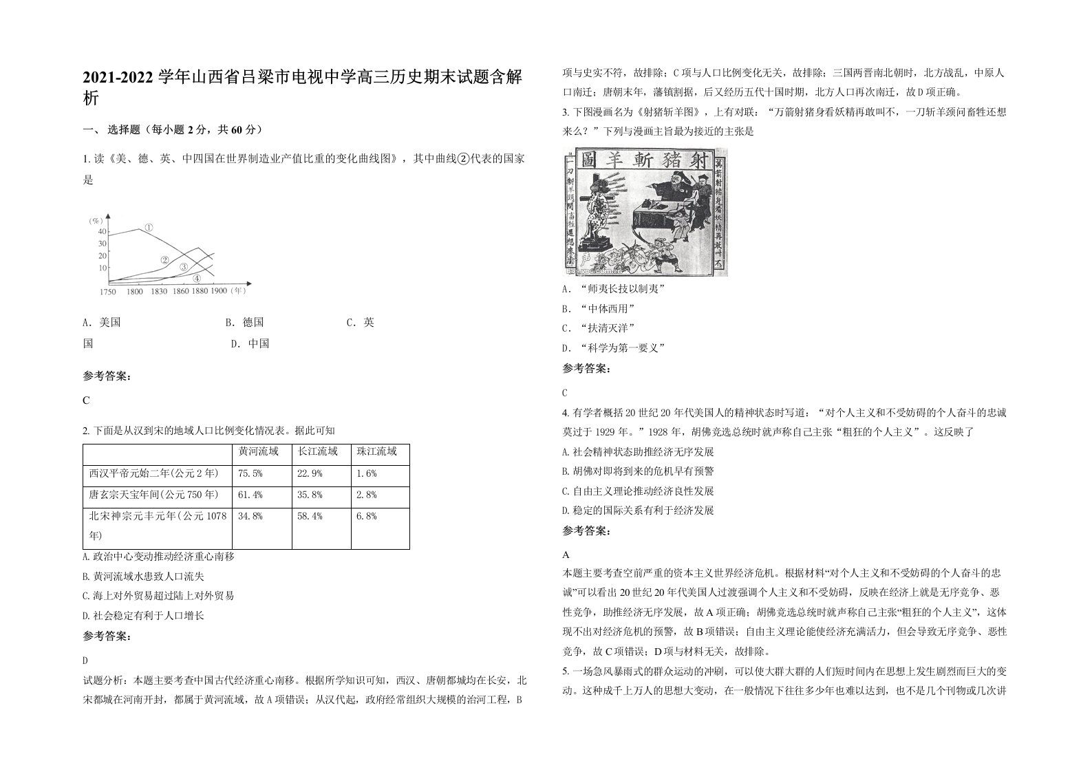 2021-2022学年山西省吕梁市电视中学高三历史期末试题含解析