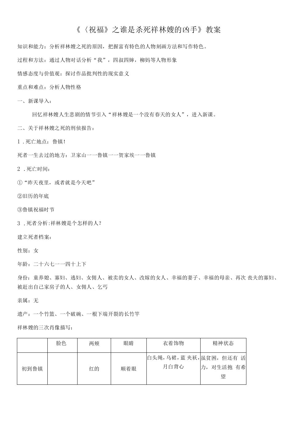 高中语文人教版高中必修3第一单元-《祝福之祥林嫂的刑侦报告》教案