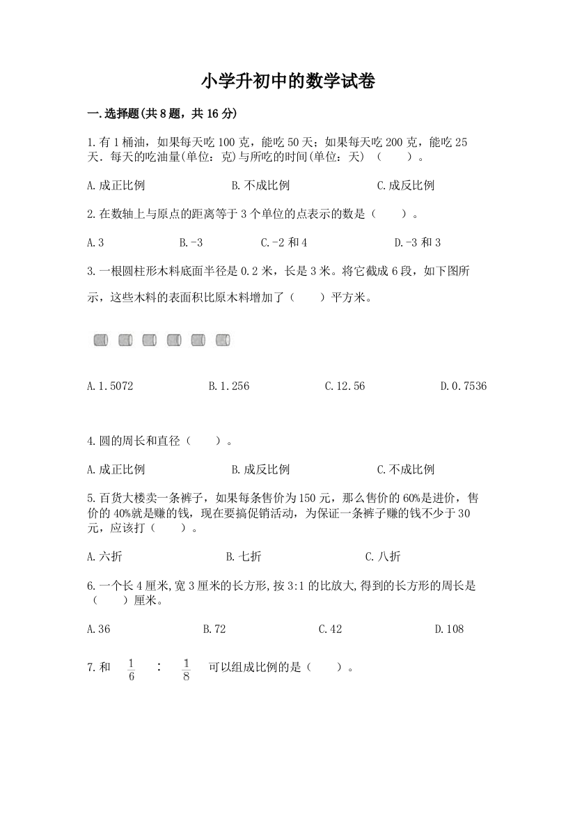 小学升初中的数学试卷精品（名师系列）