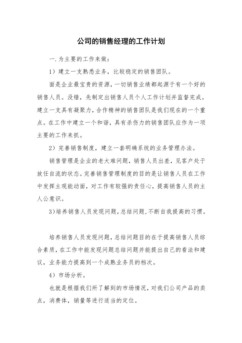 公司的销售经理的工作计划