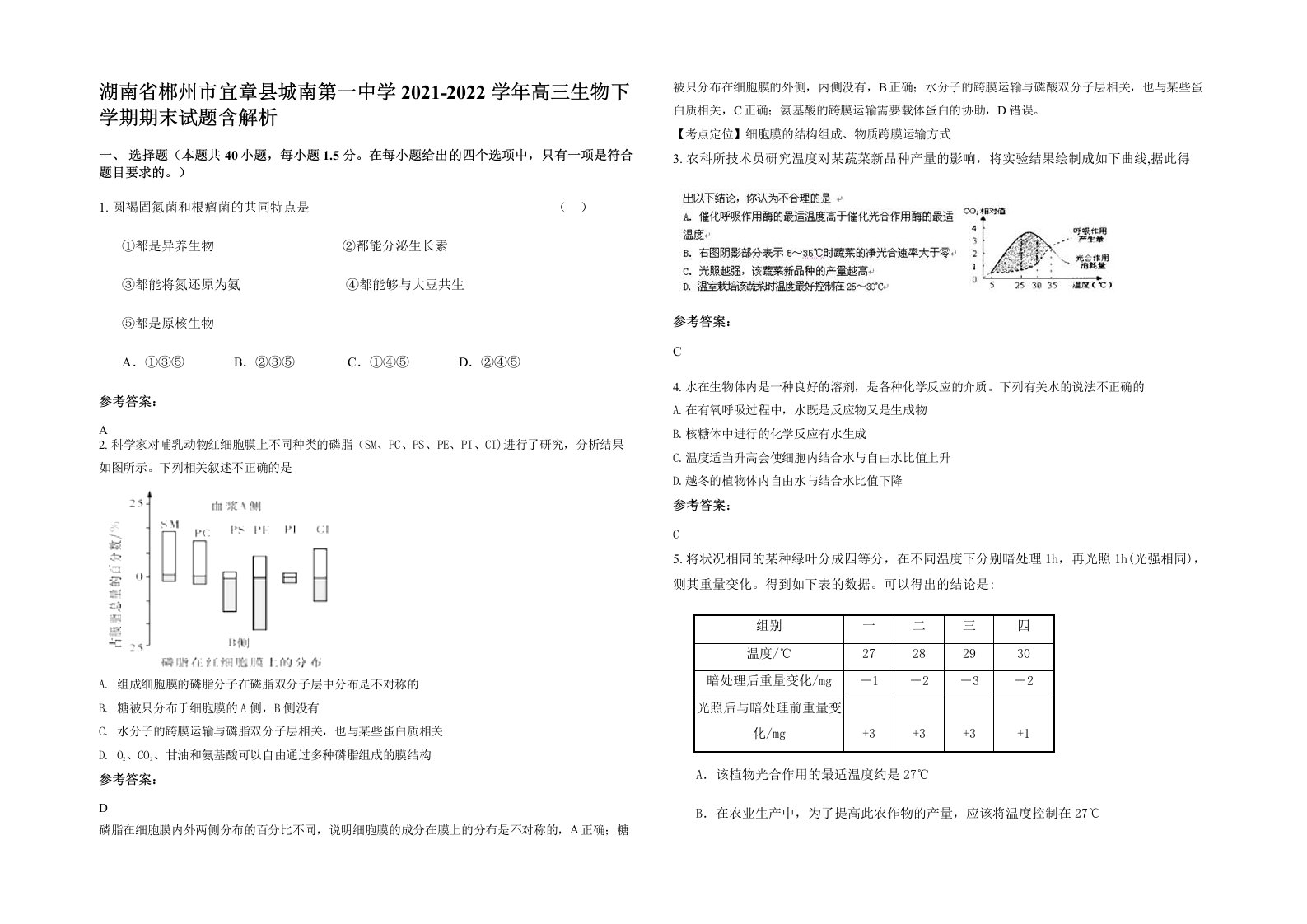 湖南省郴州市宜章县城南第一中学2021-2022学年高三生物下学期期末试题含解析