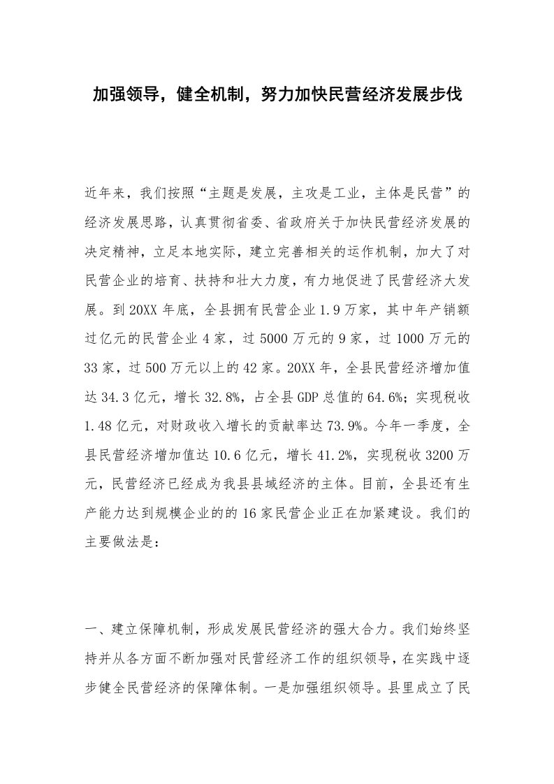 加强领导，健全机制，努力加快民营经济发展步伐