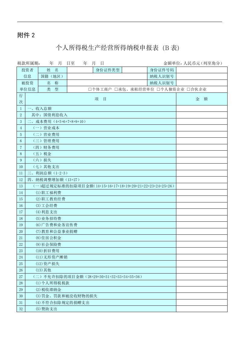 生产、经营所得个人所得税纳税申报表（b表）