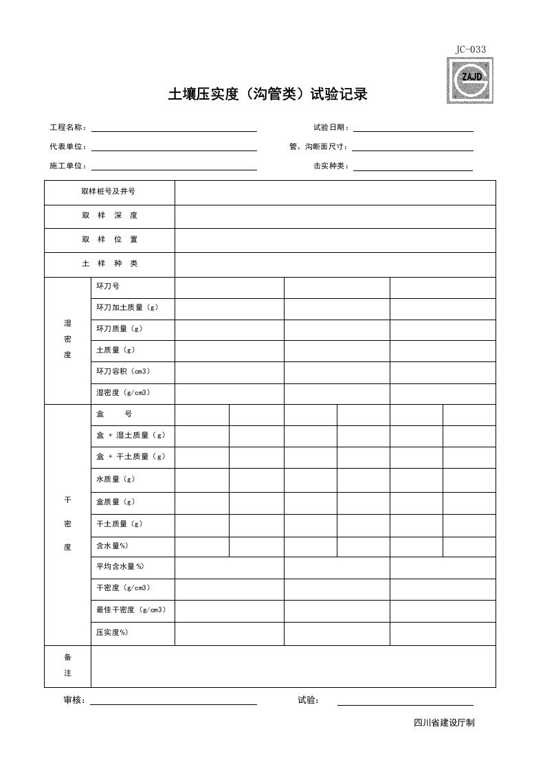 建筑工程-JC033_土壤压实度沟管类试验记录