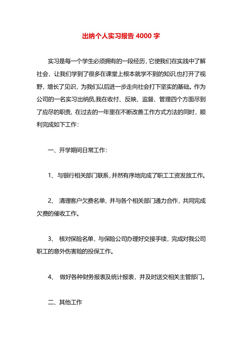 出纳个人实习报告4000字