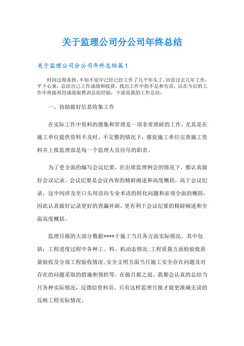 关于监理公司分公司年终总结