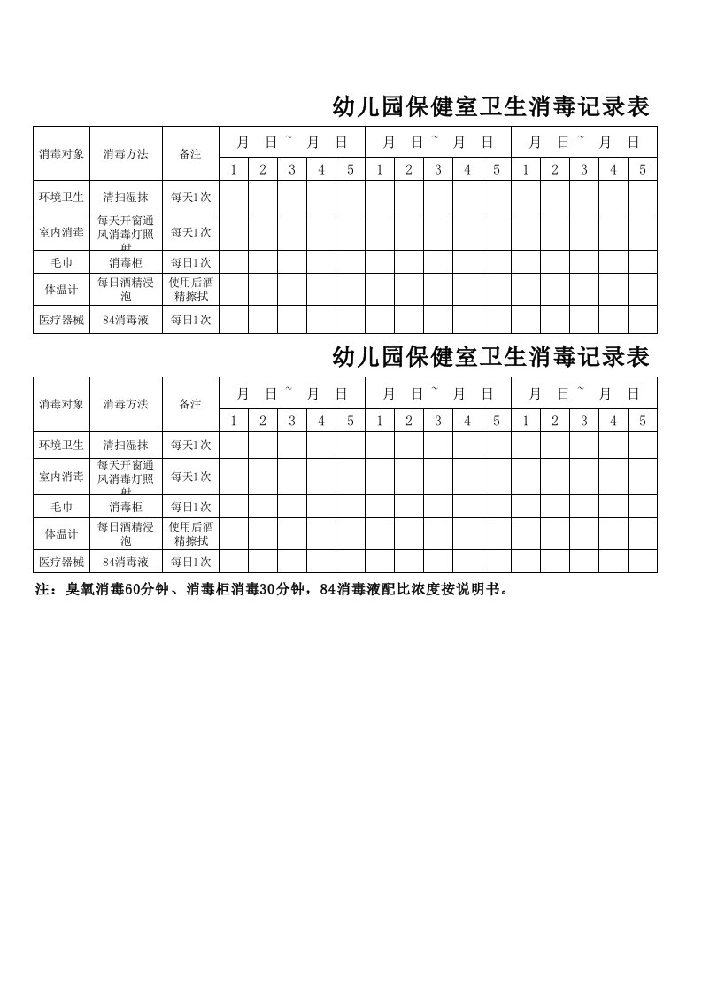 保健室卫生消毒记录表