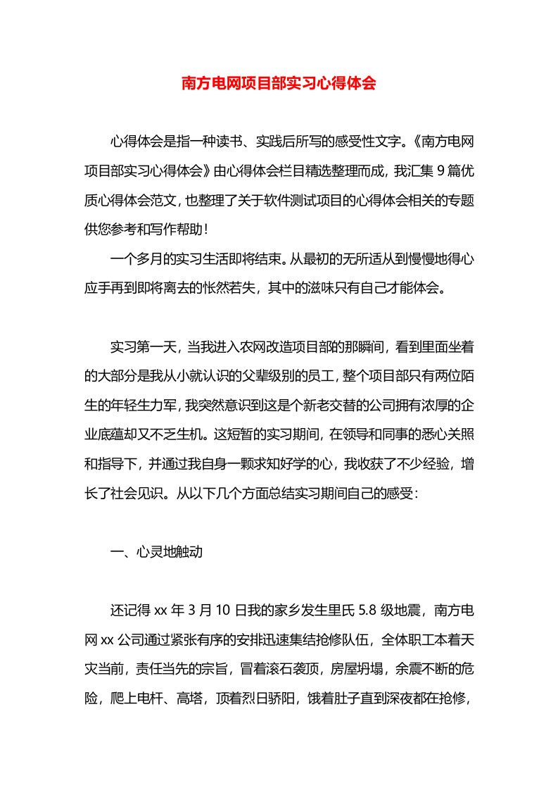 南方电网项目部实习心得体会