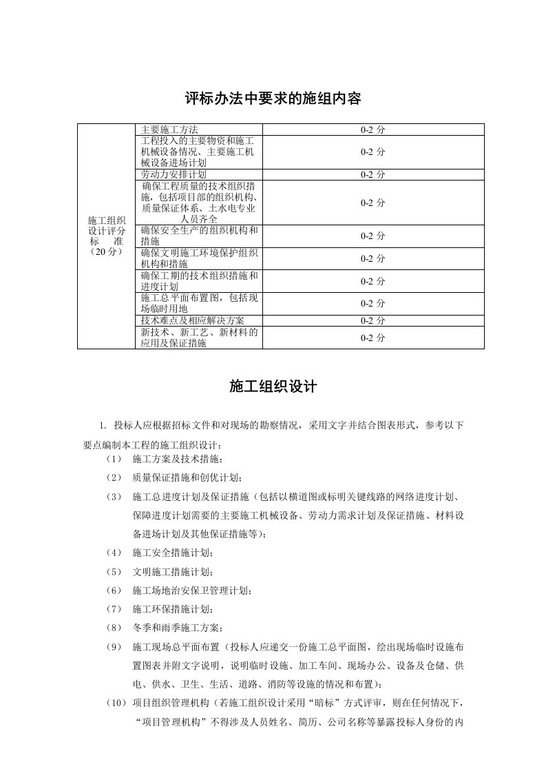 评标办法中要求的施组内容