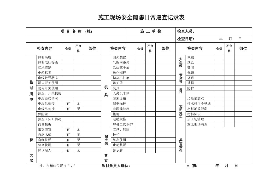 施工现场安全隐患日常巡查记录表(在用09428)