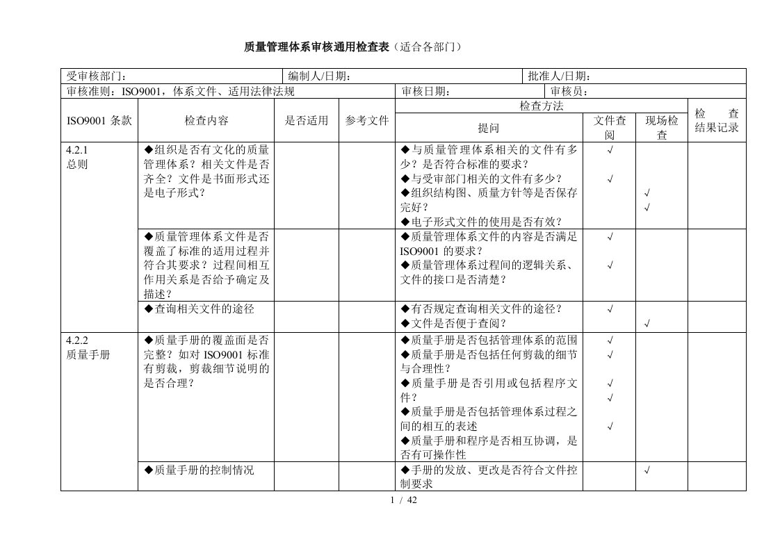 最新iso9001质量管理体系审核通用检查表推荐参考