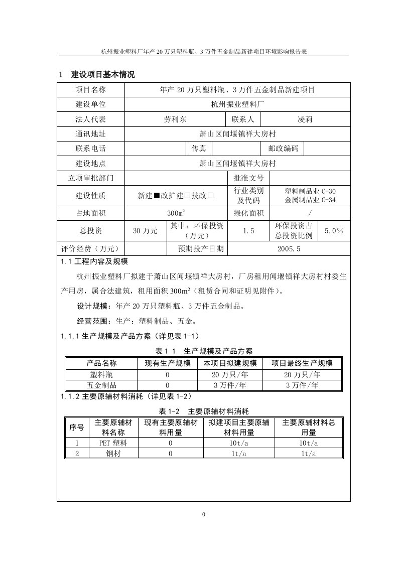 塑料厂塑料瓶、五金制品新建项目环境影响报告表