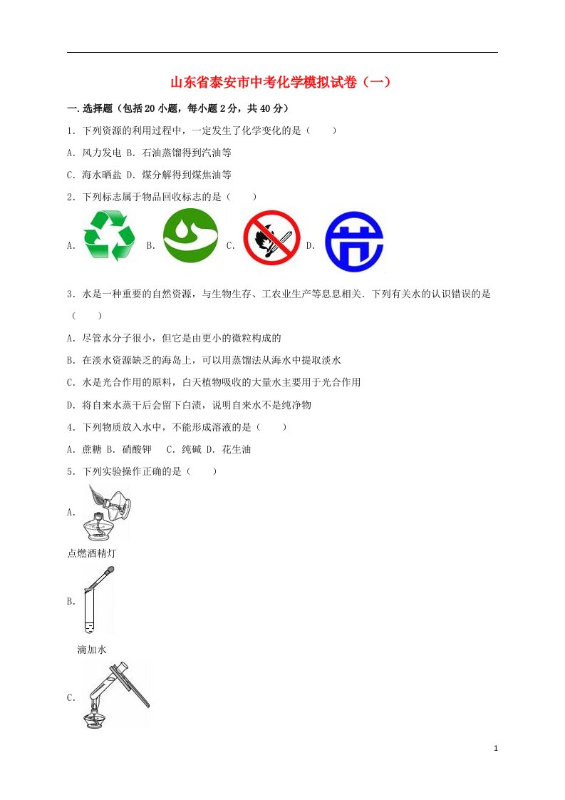 山东省泰安市中考化学模拟试题（一）（含解析）