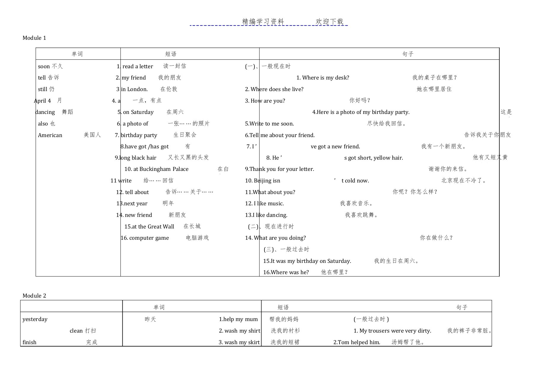 外研版小学英语四级上册单词短语句子