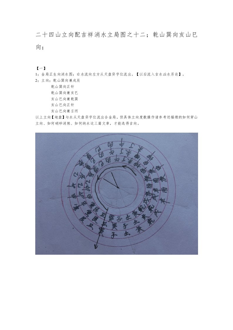 二十四山立向配吉祥消水立局图之十二;乾山巽向亥山巳向;