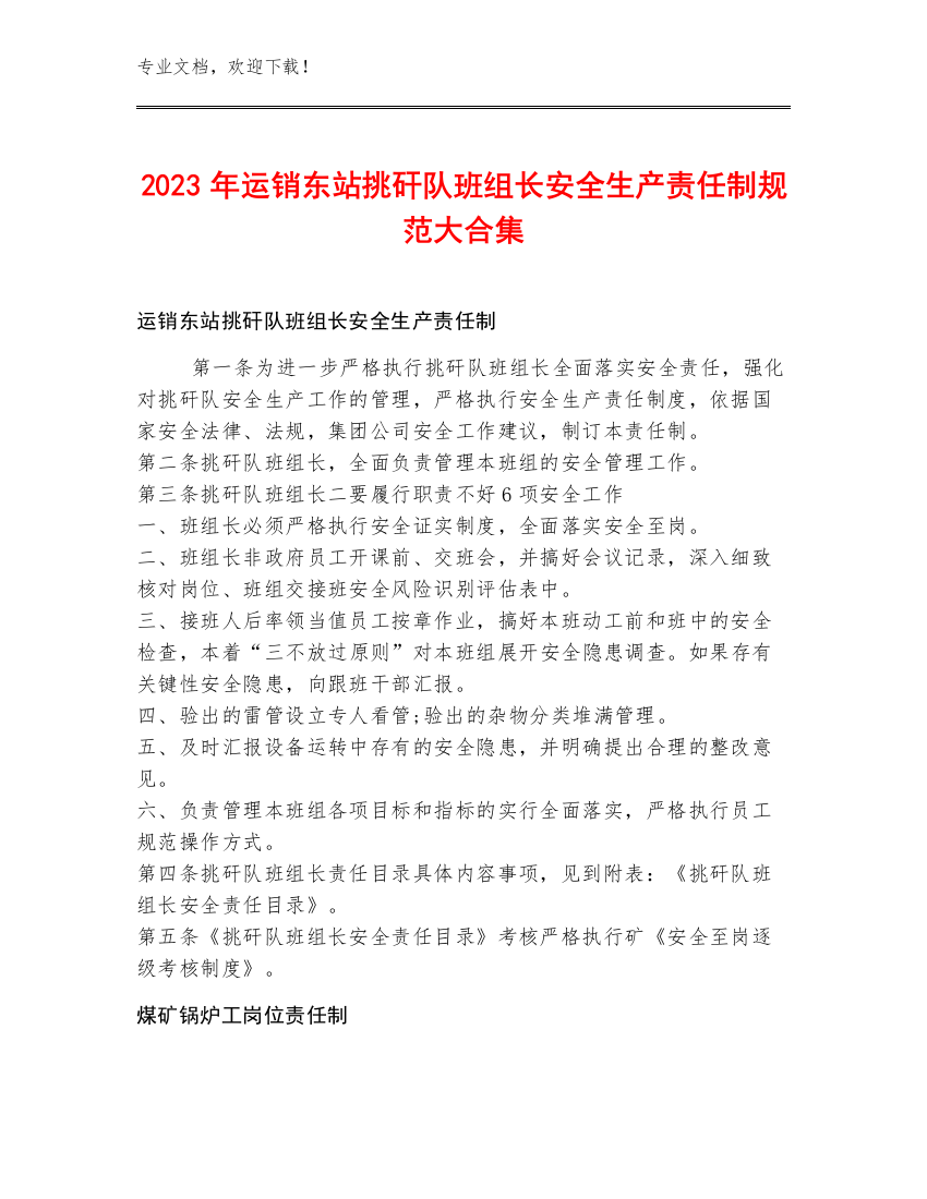 2023年运销东站挑矸队班组长安全生产责任制规范大合集