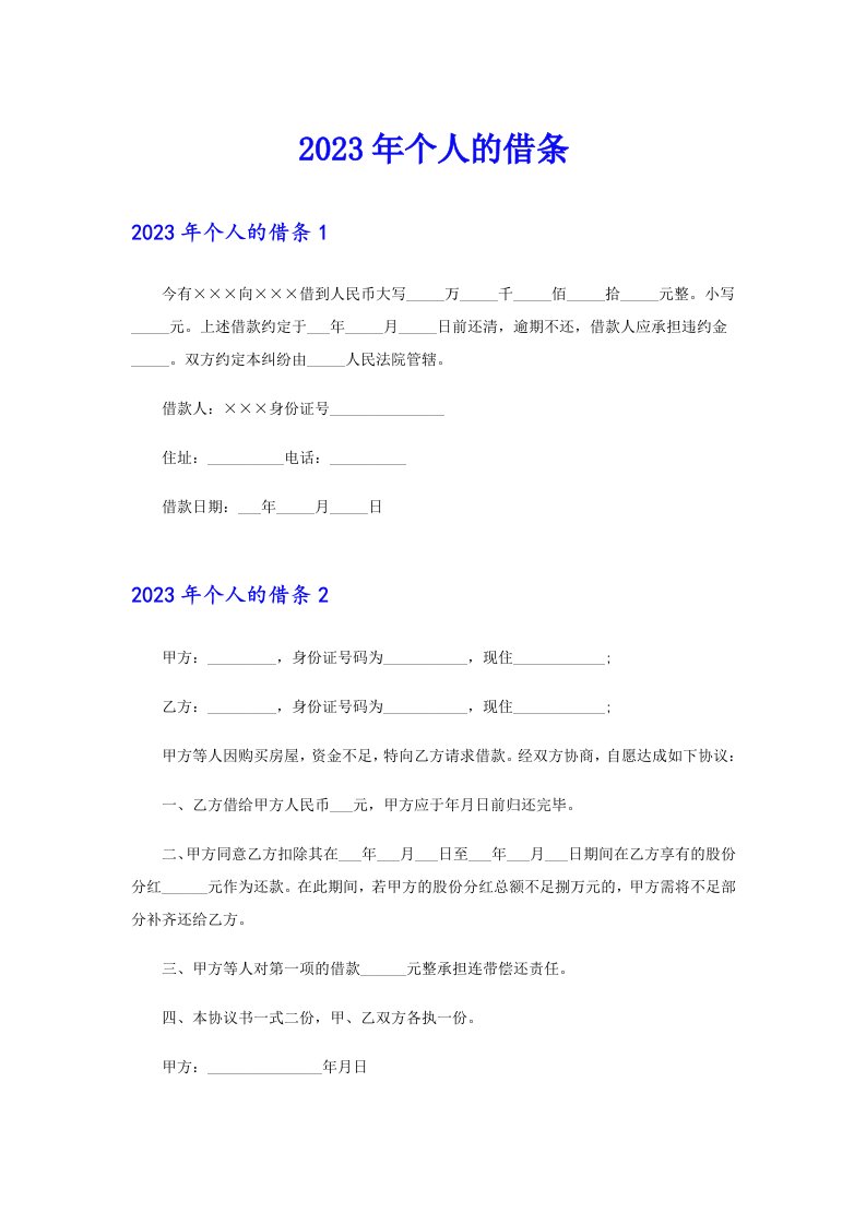 （精选）2023年个人的借条