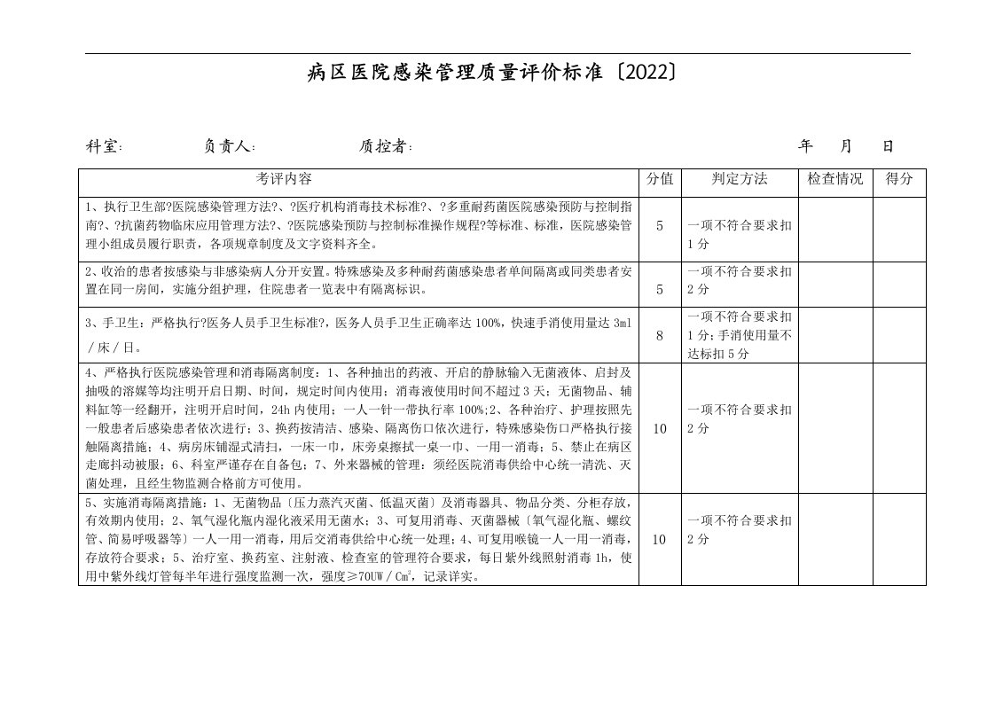 最新病区医院感染管理质量评价标准(2022)