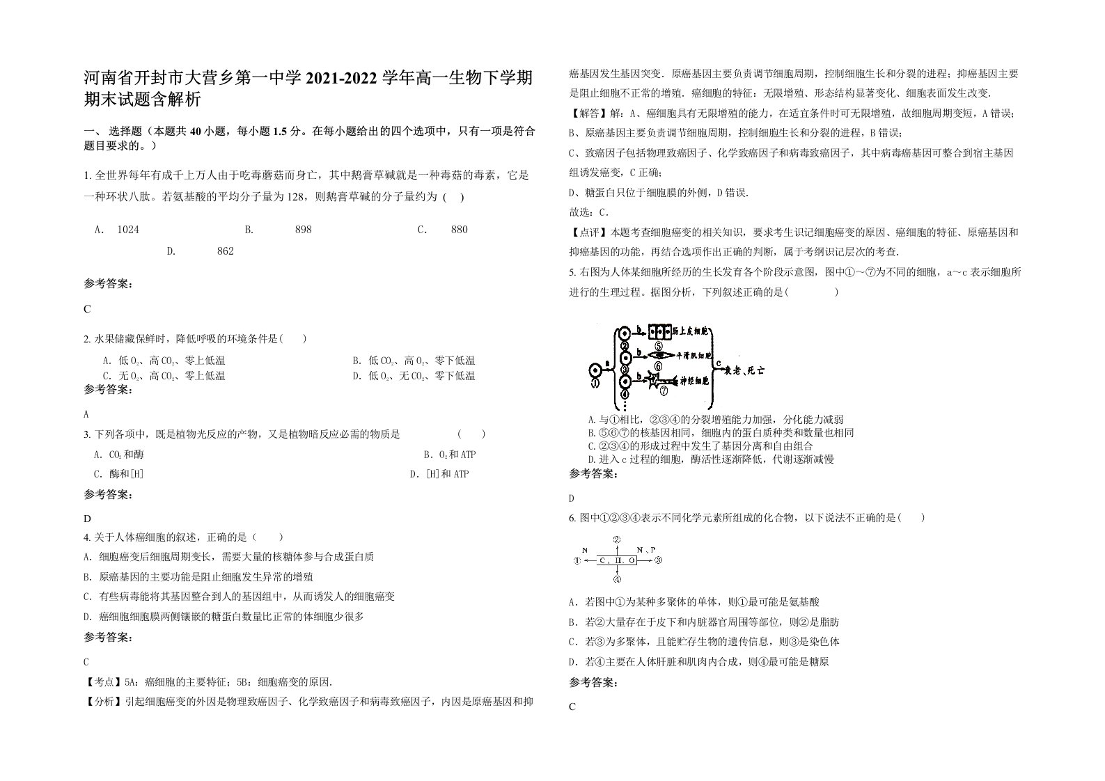 河南省开封市大营乡第一中学2021-2022学年高一生物下学期期末试题含解析