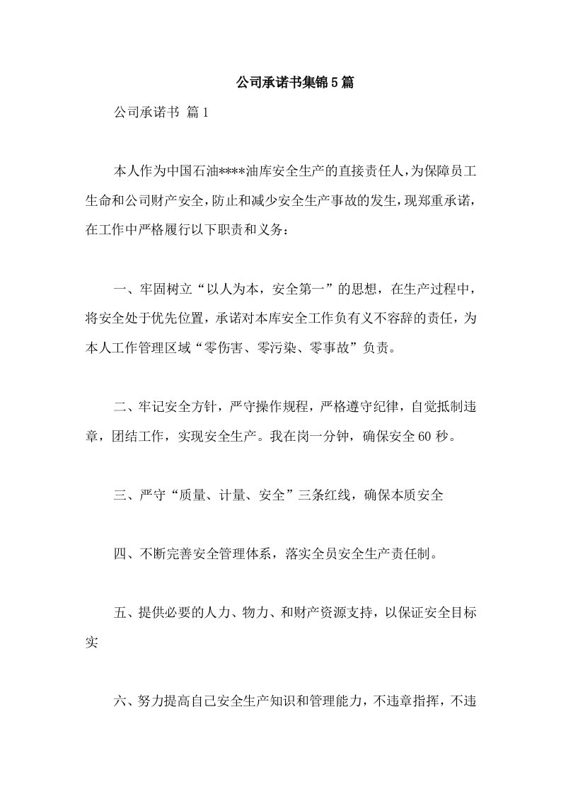 公司承诺书集锦5篇