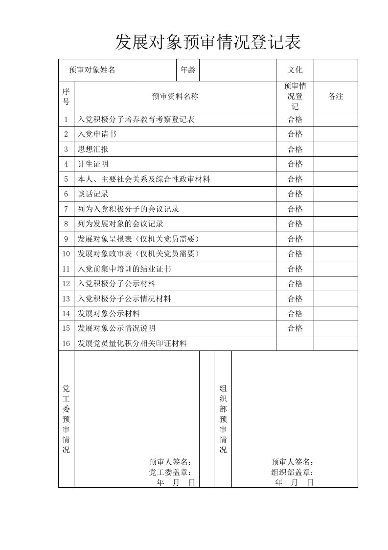 发展对象预审情况登记表