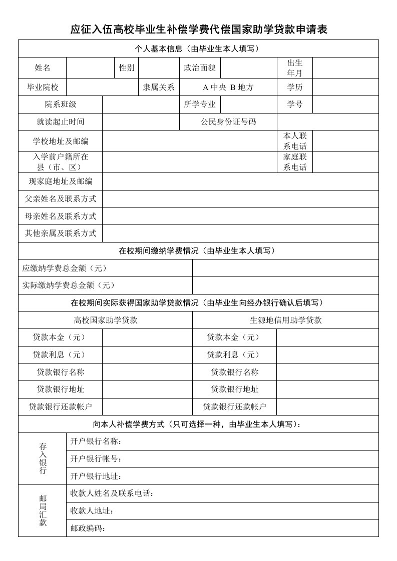 应征入伍高校毕业生补偿学费代偿国家助学贷款申请表