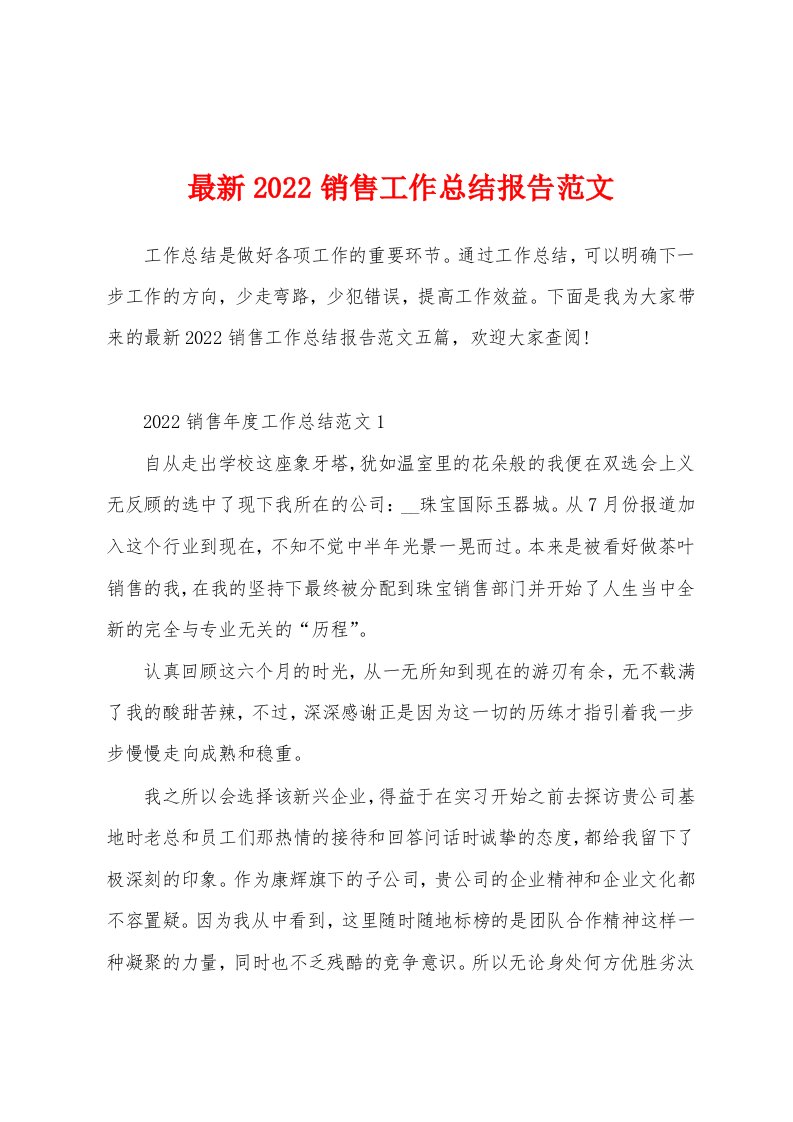 最新2022销售工作总结报告范文