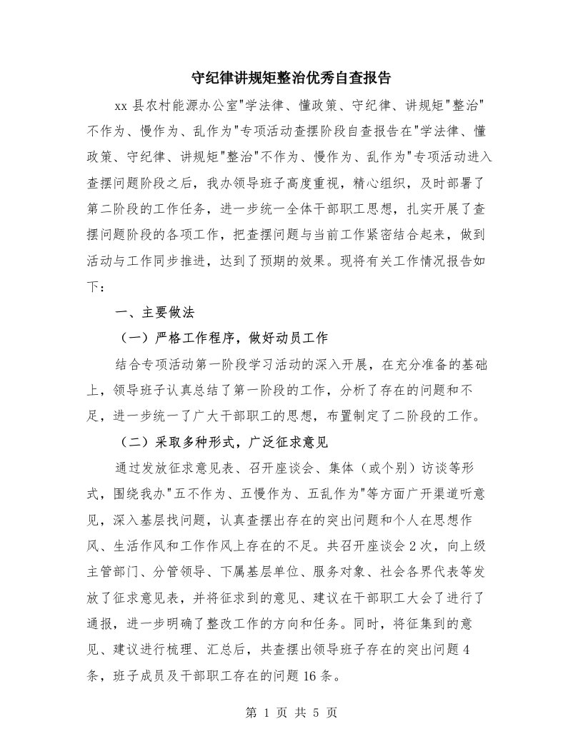 守纪律讲规矩整治优秀自查报告