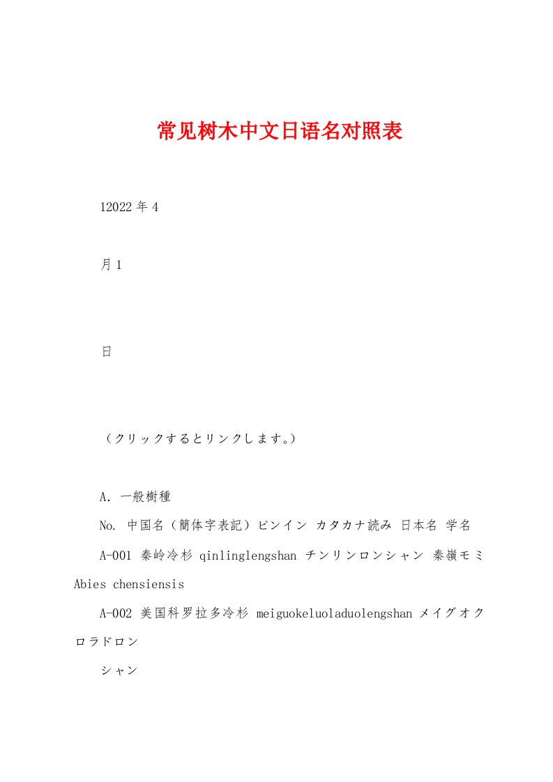 常见树木中文日语名对照表