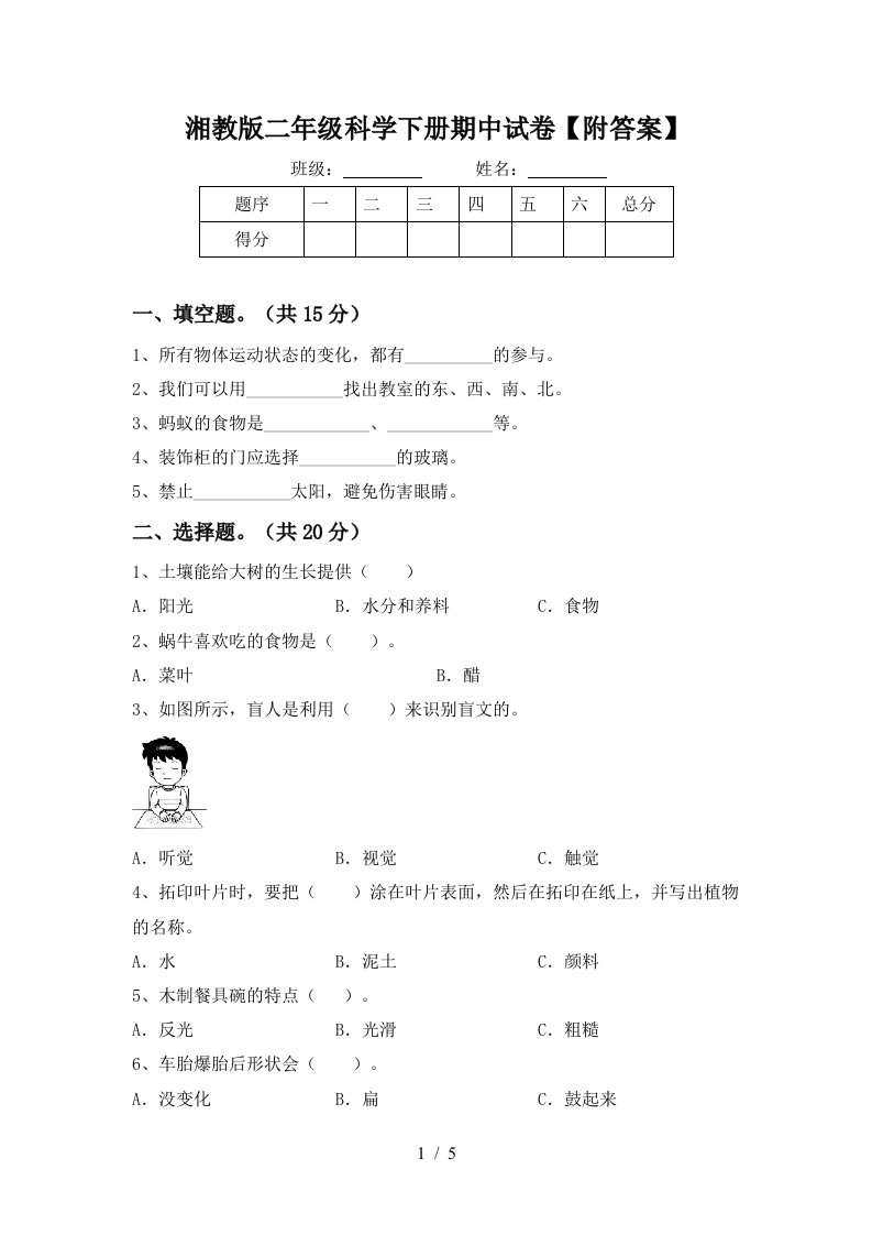 湘教版二年级科学下册期中试卷附答案