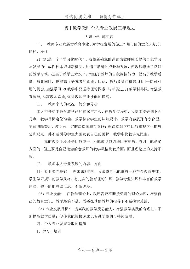 初中数学教师个人专业发展三年规划(共2页)