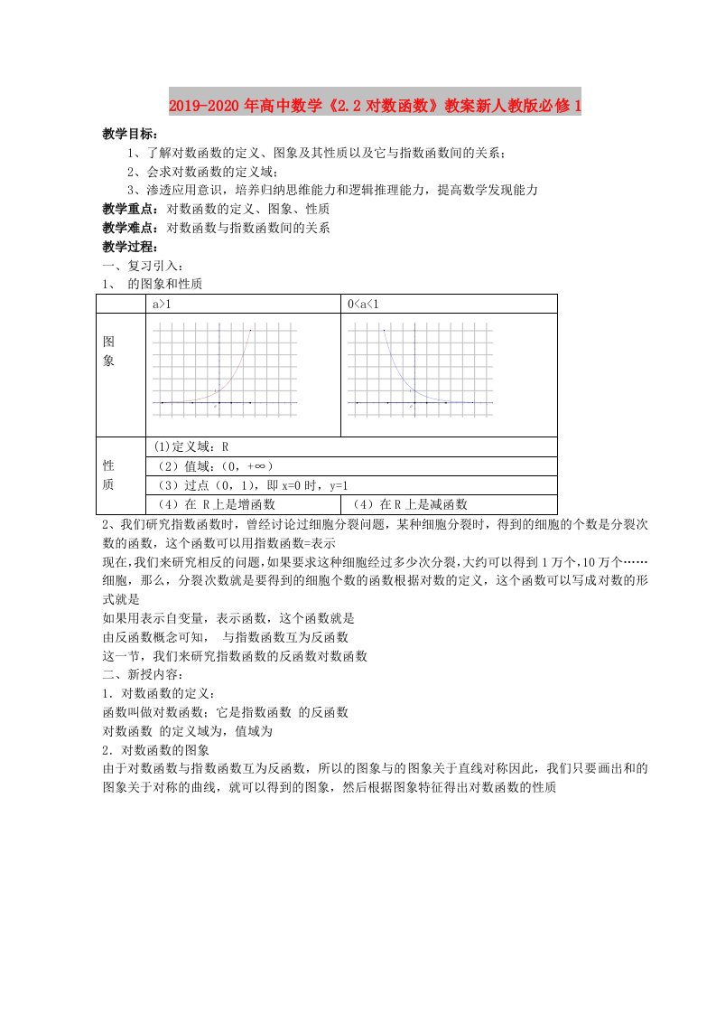 2019-2020年高中数学《2.2对数函数》教案新人教版必修1