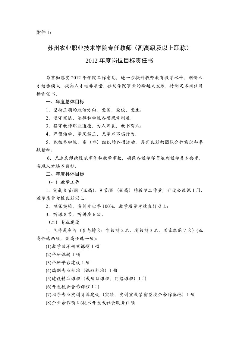 2012年度岗位目标责任书副高级及以上职称