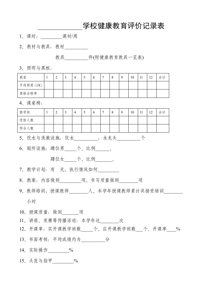 学校健康教育评价记录表