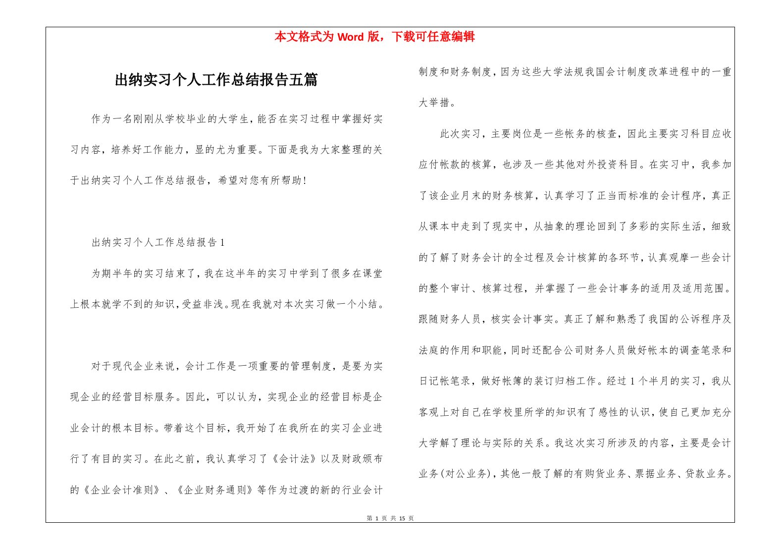 出纳实习个人工作总结报告五篇