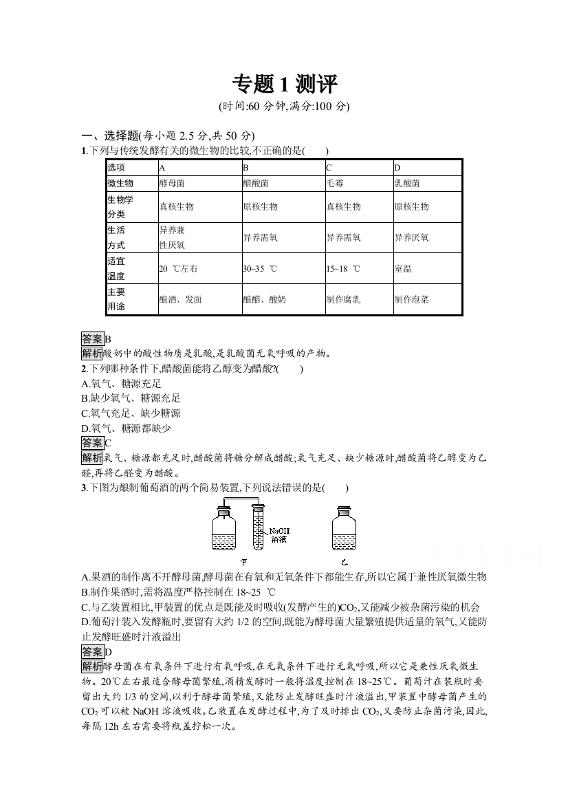 2021-2022学年高中人教版生物选修1测评：专题1　传统发酵技术的应用