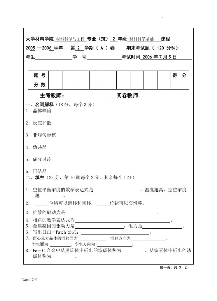 大学材料学院材料科学与工程试卷及答案