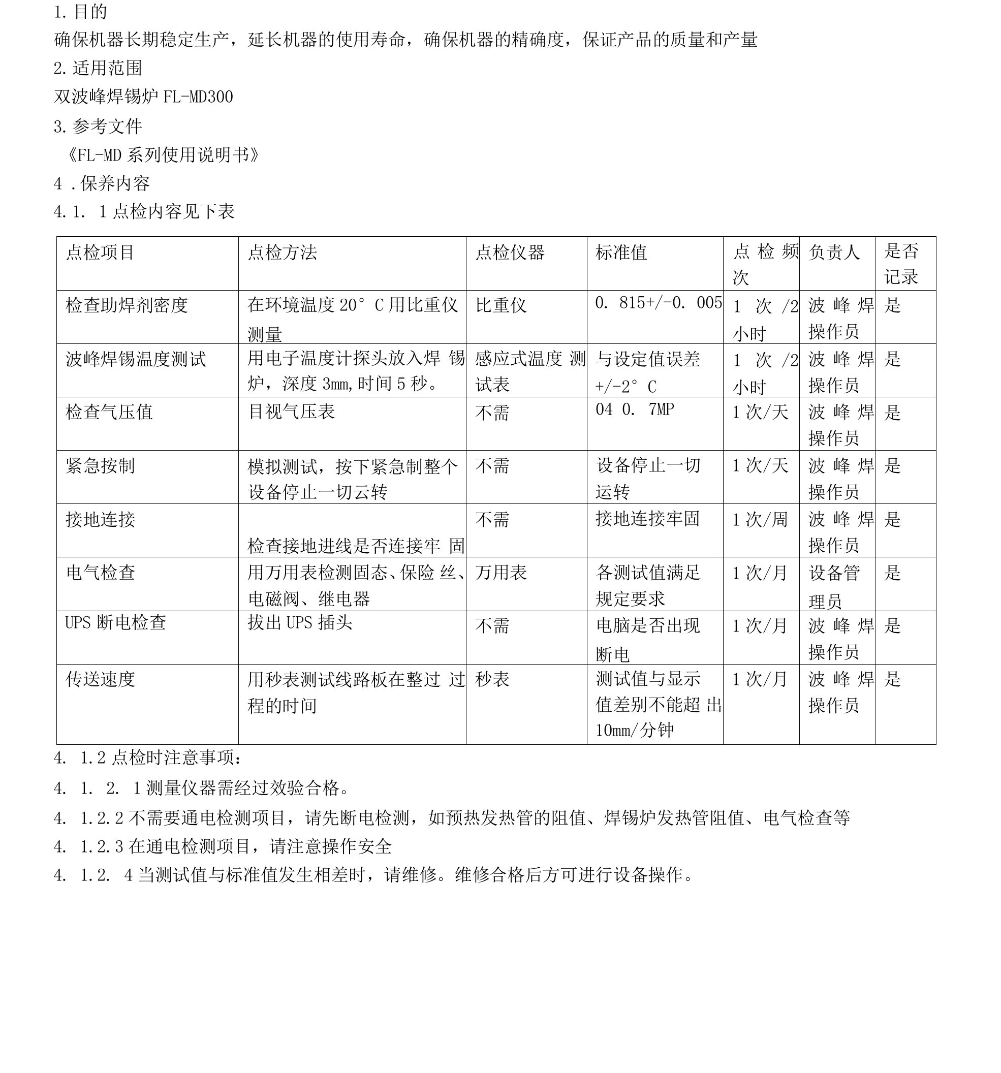 双波峰焊锡炉点检保养规范