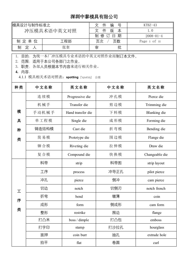 模具中英文对照技术总结